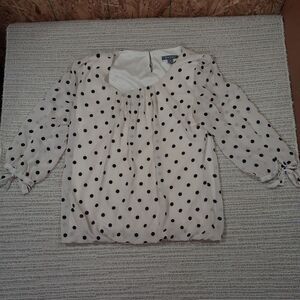 Roz & Ali Polka Dot Blouse Cream Black Tie Sleeve Bow Cuff Round Neck Top SZ M